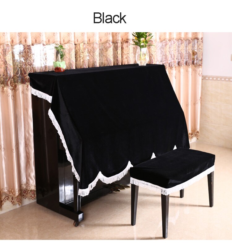 Upright Piano Cover Up En Piano Seat Cover Stoel Set Volledige Soundboard Stand Fluwelen Doek Kwastje Kruk: Black