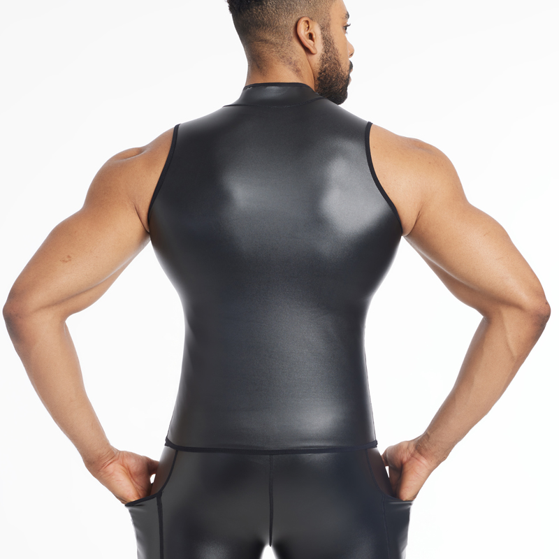 Camisa de S-6XL para hombre, chaleco de piel sintética, camiseta interior con aspecto húmedo, camiseta sin mangas, camiseta interior de cuero PU, traje informal, camisas negras