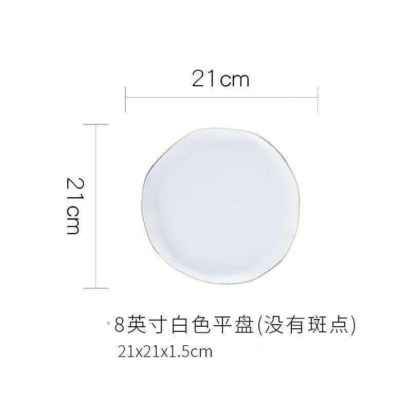 Marble Plates Ceramic Dinner Set Gold Inlay Porcelain Dessert Plate Steak Salad Snack Cake Plates Tableware Dinnerware Sets: 8 Inches white