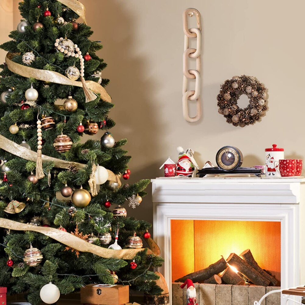 Cadena de eslabones de madera tallada a mano de estilo bohemio, artesanía artística de 5 eslabones, adorno para mesa, bandeja, granja, oficina, decoración rústica