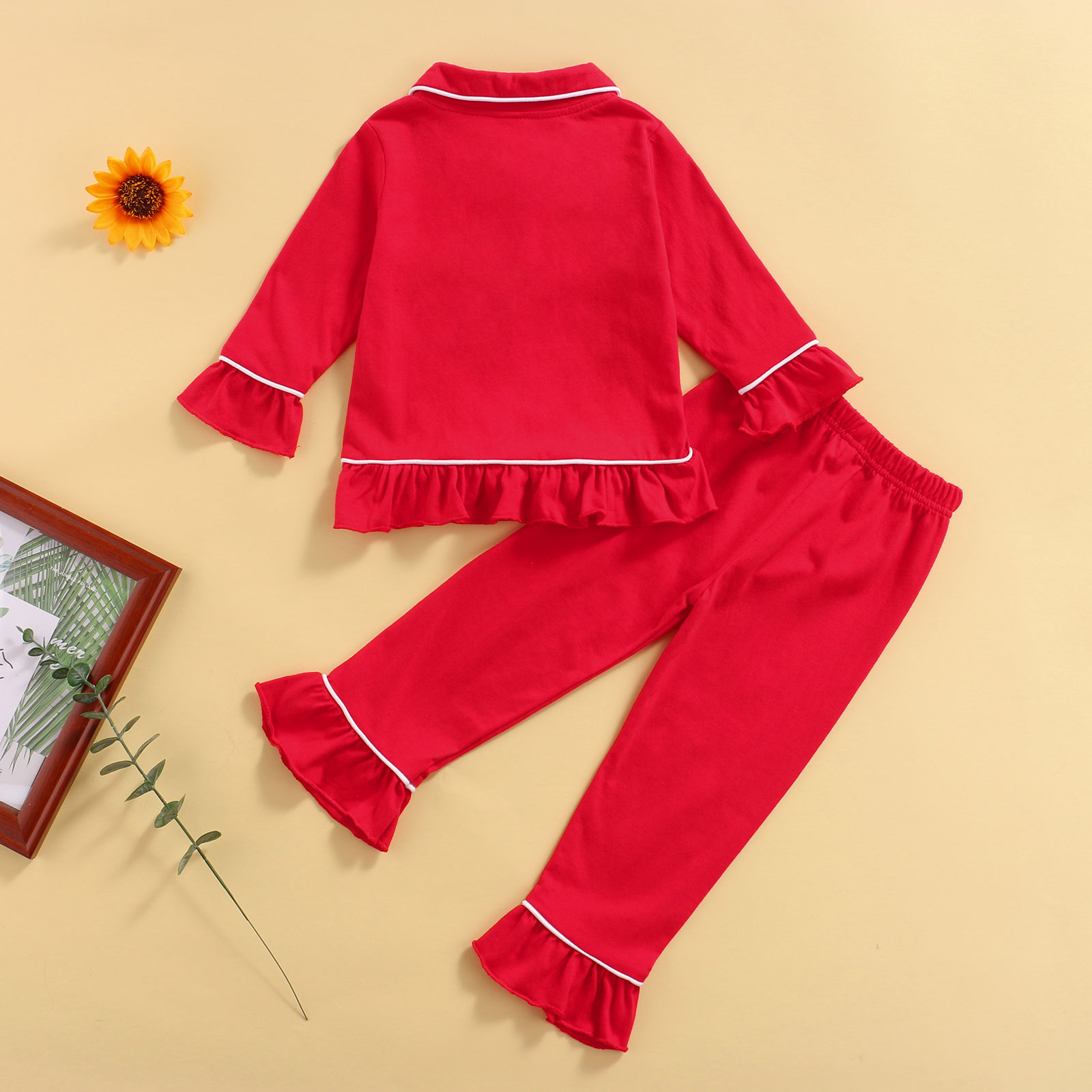 Pigiama in cotone per bambina 2 pezzi, primavera autunno Casual confortevole manica lunga risvolto bottoni orlo arricciato top rossi + pantaloni tuta