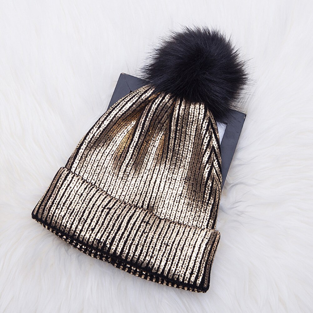 Bola de Pelo para niña, gorro bonito con Pompón, gorrito sólido a prueba de viento: Oro