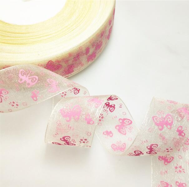 5 meters/partij 25mm Cartoon Vlinder Linten Gedrukt Organza Lint Tape voor Handwerken DIY cadeaupapier Decoratie: BEIGE