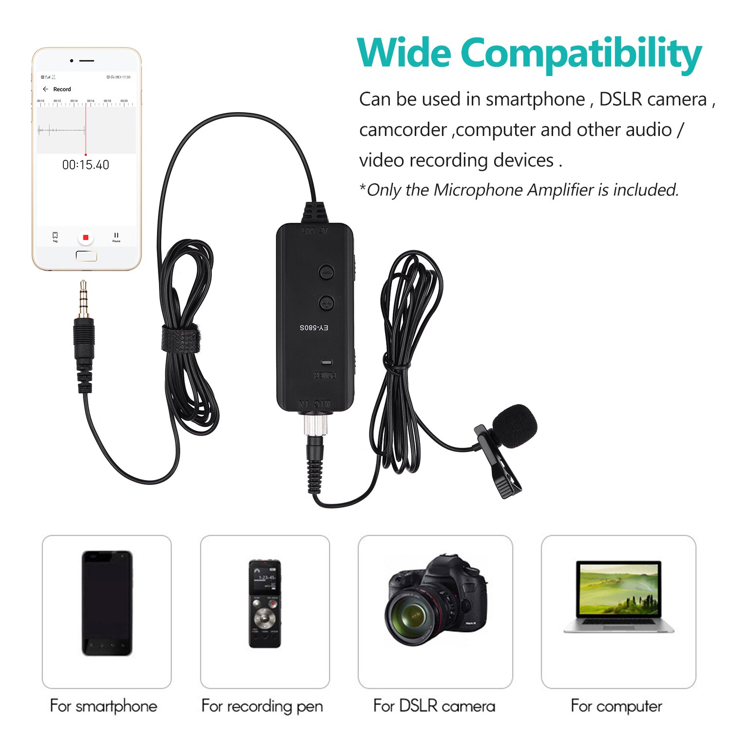 Mikrofoni mikrofoni vahvistin äänenvoimakkuuden säätö reaaliaikaiset monitoritoiminnot näytön kuulokkeilla 3.5mm to 6.5mm audio adater