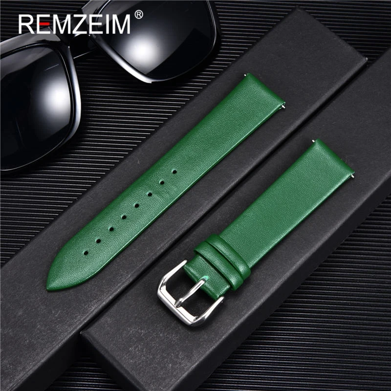 Bracelet de montre Ultra-fin en cuir véritable, ceinture de montre, 8mm 10mm 12mm 14mm 16mm 18mm 20mm 22mm, rouge blanc noir: green / 18mm
