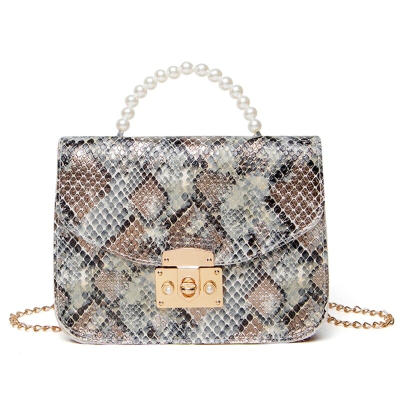 Pu-leder-schultertaschen für damen, schlangenleder-mini-geldbörse, retro-quadrattasche, ketten-umhängetasche, handtaschen mit perlengriff: Braun
