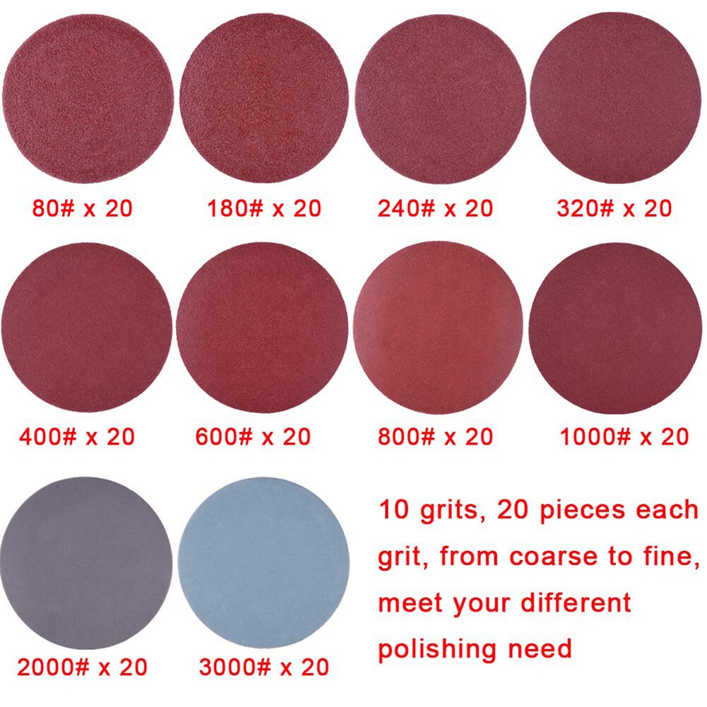 203pcs Set 2" Sandpaper Sanding Discs Hook Loop Sanding Paper Buffing Sheet 240/320/400/600/800/3000 Grit Sander Polishing Pads