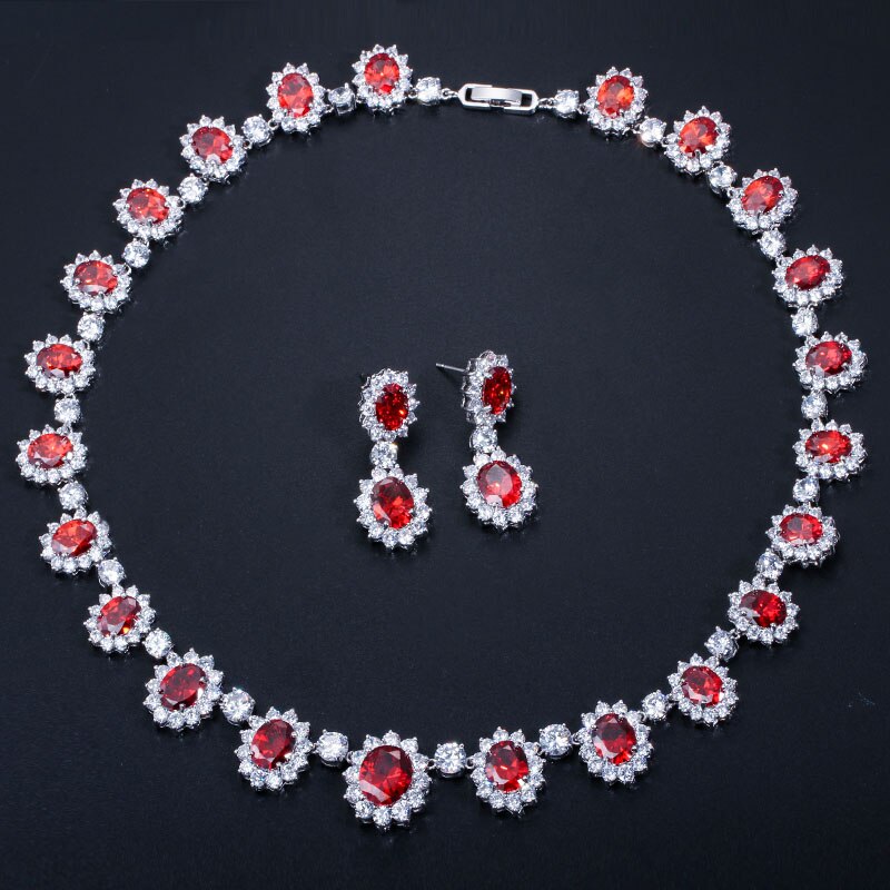 Pera CZ Big Round Cubic Zirconia Luxury Bridal Wedding Royal Blue Stone Necklace and Earrings Jewelry Sets for Brides J126: red