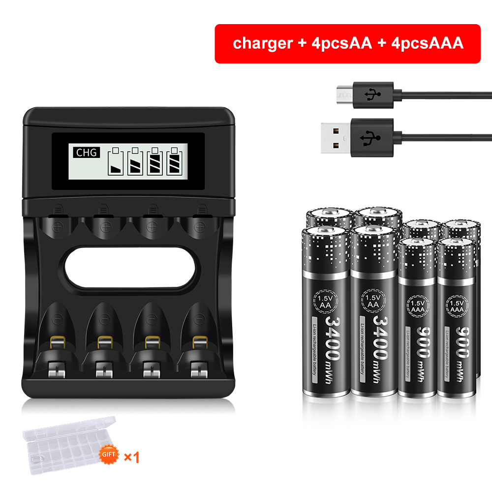 Batterie lithium-ion rechargeable, 1.5V, 2800 mWh, 1.5V, pour télécommande, souris, petit ventilateur, jouet électrique: 4AA4AAA and charger