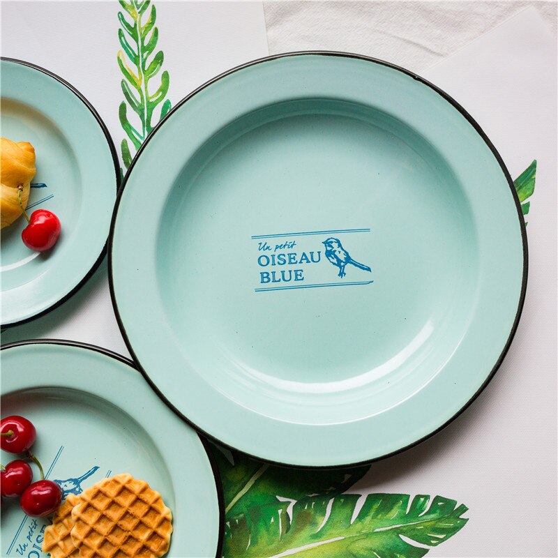 (3 pieces/set)Enamel Dinner Plates Dishes Plate Set Bird Pattern