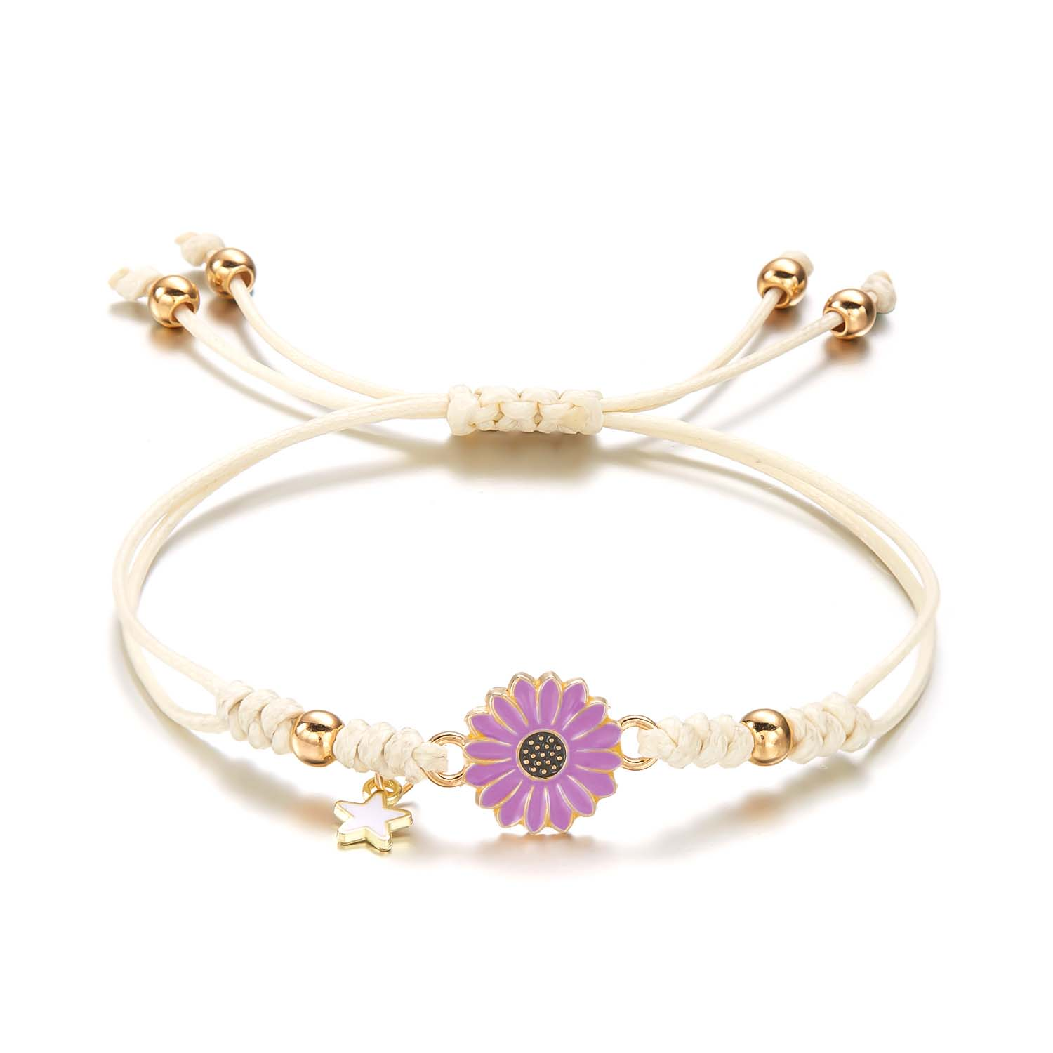 Pulsera bohemia hecha a mano con dibujos de estrellas y flores y margaritas para niña y mujer, pulseras de cuerda, de joyería para parejas de amistad: VERMEIL
