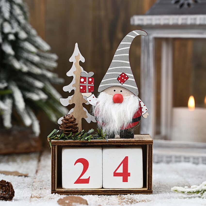 Kerst houten adventskalender blokken kerstman dennenappel decoratieve houten kalender aftel ornamenten voor thuis: Grijs