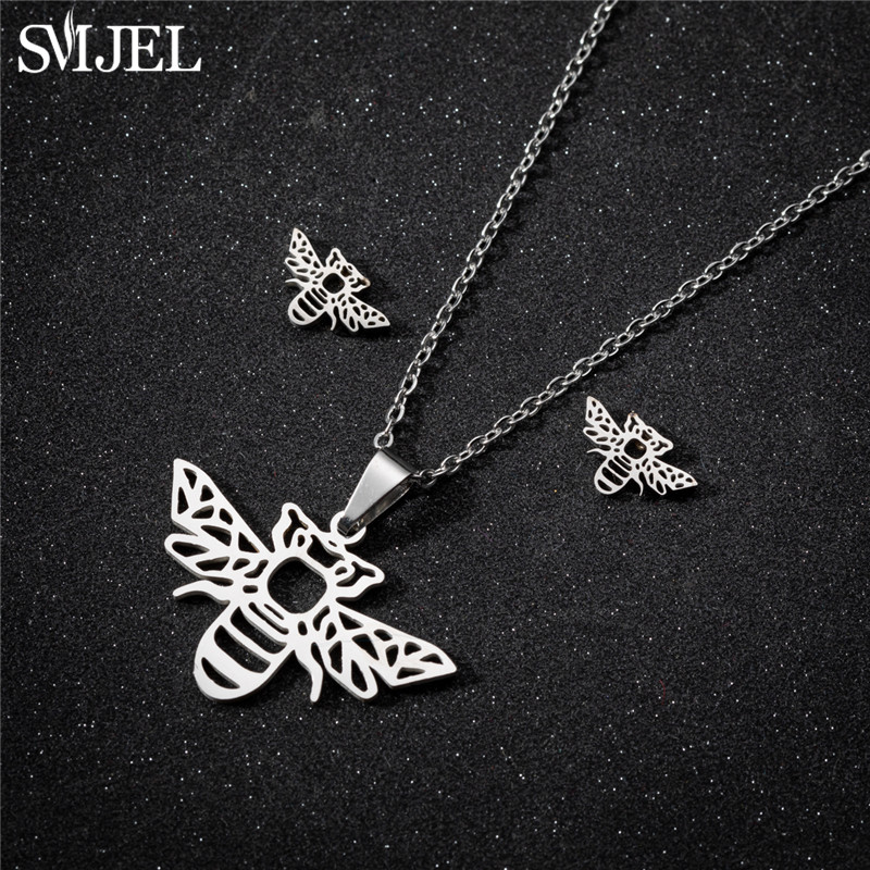 Juegos de joyas para mujer de mariposa de acero inoxidable de estilo coreano, collar con colgante de insecto y abeja de dibujos animados, de boda para playa de verano para niñas: Chapado en platino