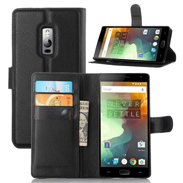 Voor Oneplus Twee 2 Portemonnee Kaart Stent Gevallen Lichee Patroon Flip Leather Case Bescherm Cover Black Case Voor Oneplus2