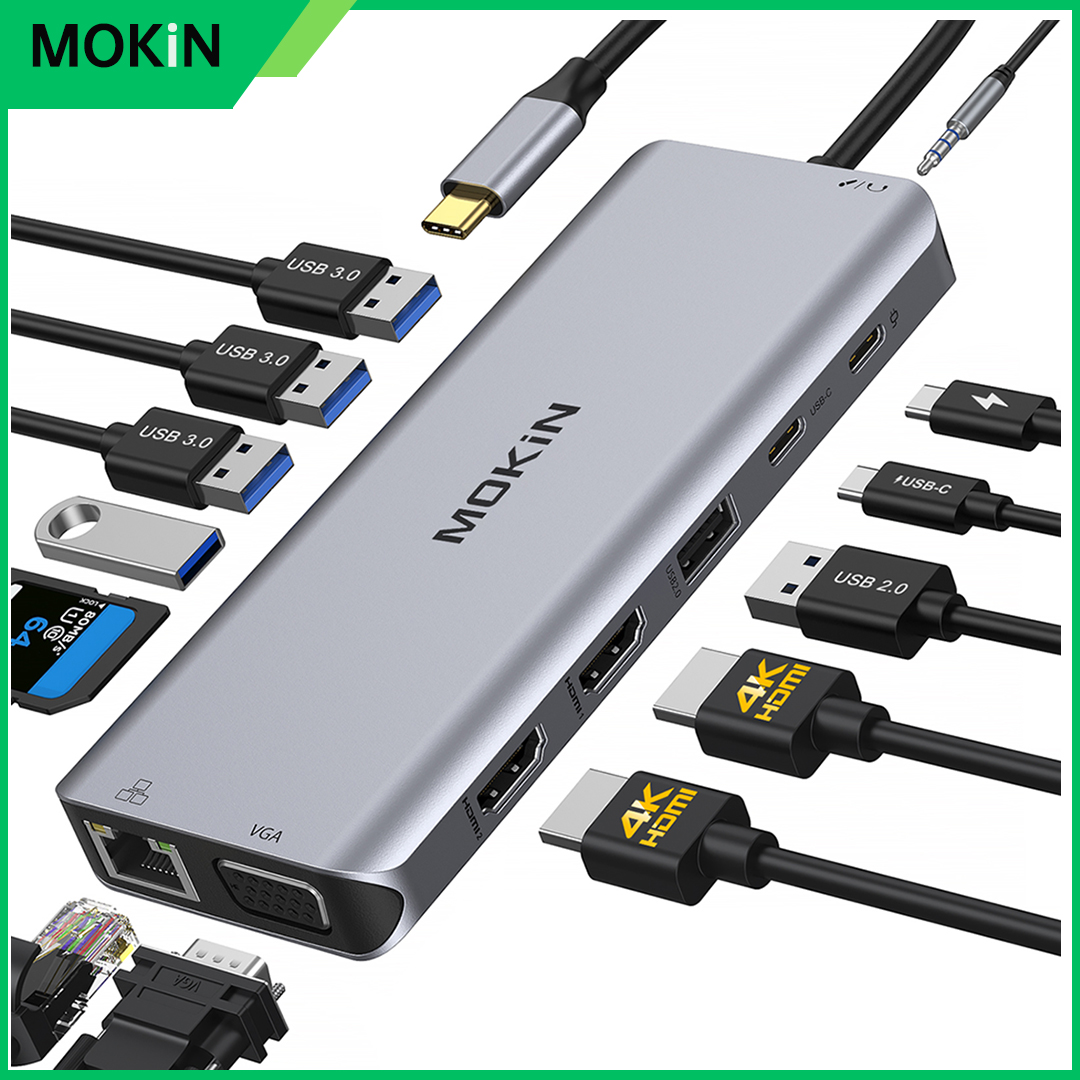 MOKiN-Station d'accueil VGA Gigabit pour touristes, hub USB de type C, 4K 60Hz, 3 USB 3.0 SD/TF, adaptateur PD100W pour MacPlePro Air Dallas M2