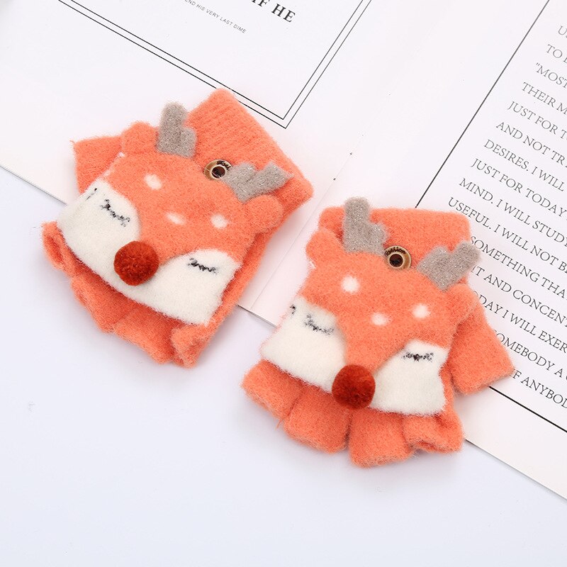 Winter Kinderen Jongens En Meisjes Baby Warm Herten Flip Half Vinger Warme Gebreide Wollen Handschoenen 2ST2