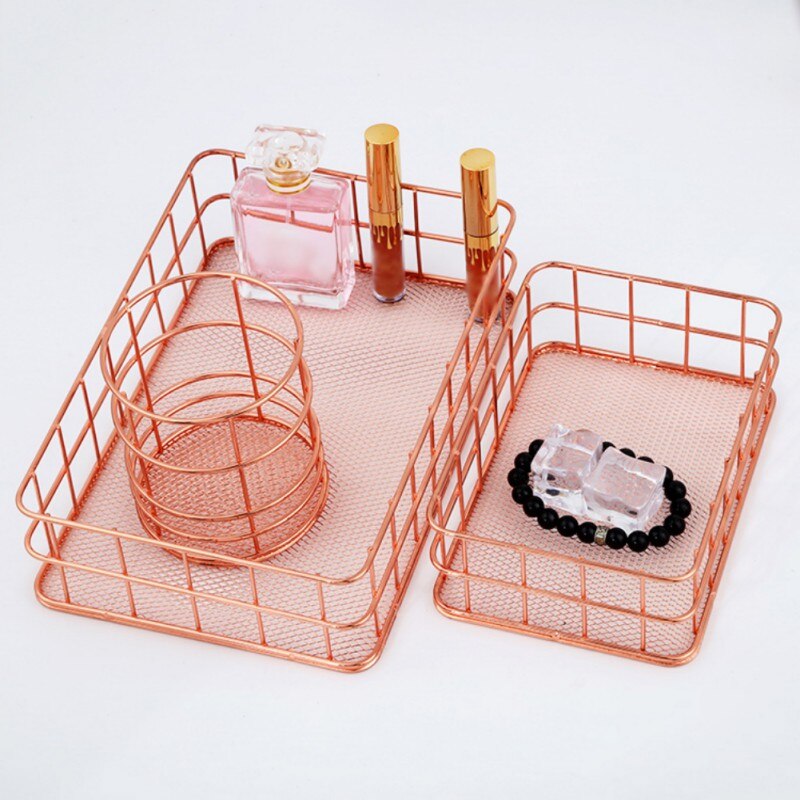 Rose Gold Metal Desktop Storage Baskets Makeup Organizer Eyeliner Brush Set Storage Chopsticks cage Pen Holder Jewelry Storage