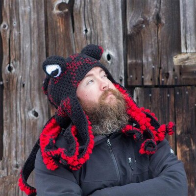 Bläckfisk skägg hand väva sticka ull hattar män jul cosplay fest rolig knepig huvudbonad vinter varm par hatt: Svart röd