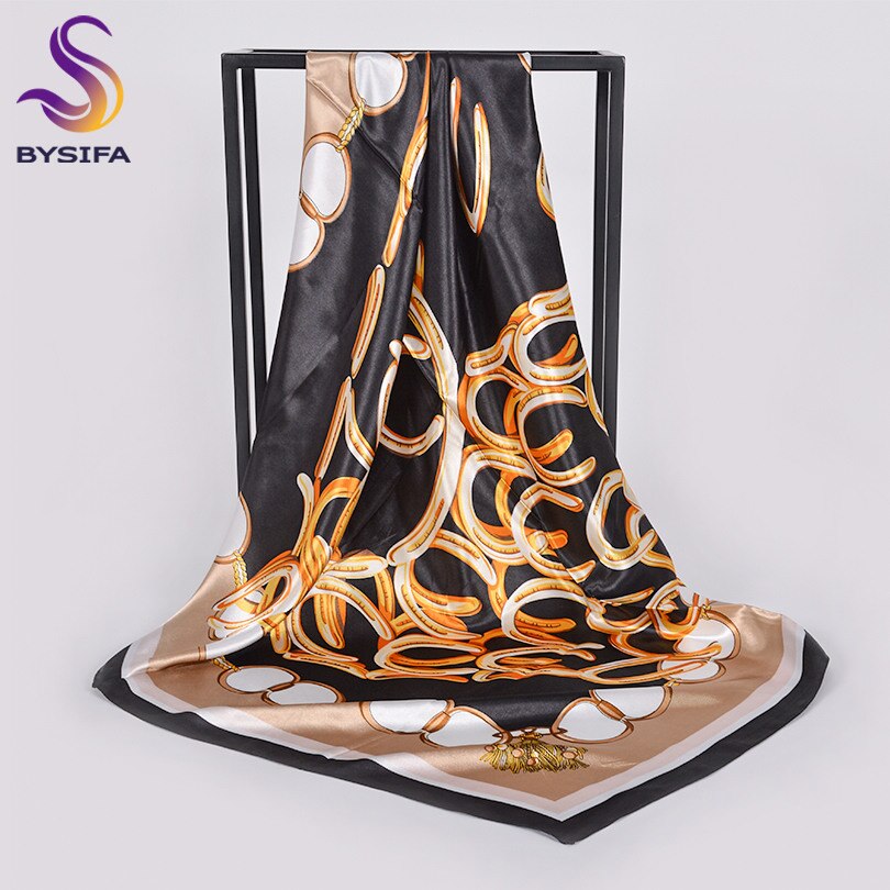[Bysifa] Herfst Winter Dames Sjaals Accessoires Vrouwen Grote Zijde Vierkante Sjaals Wijn Rood Paisley Moslim Islamitische sjaal: black gold chain