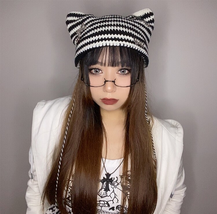 Harajuku Punk Gothic Knitted Cat Ear Hat Women Kawaii Cross PinWinter Beanie Hat Female Girls Accessories