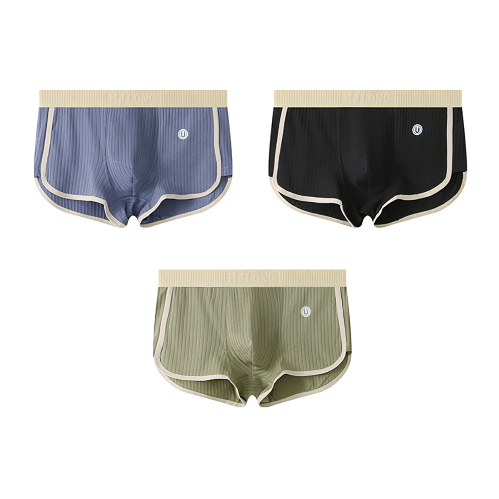3PCS/Pack 100% Cotton Solid Striped Men's Boxer Sexy Breathable Mesh U Crotch Underwear High Elastic Widen Waistband Underpants: M / black