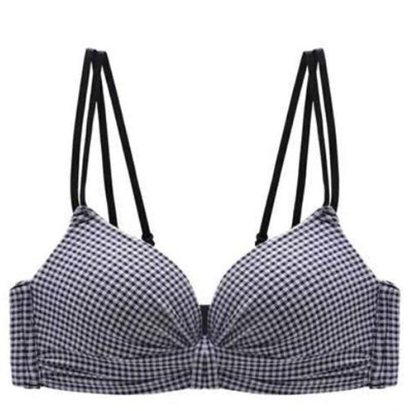 Wire Free Bra Women Push Up Sexy Underwear Girls Cute Bow Plaid Cross Fold Backless Bras Onepiece Brassiere: BK / 70(32)AB