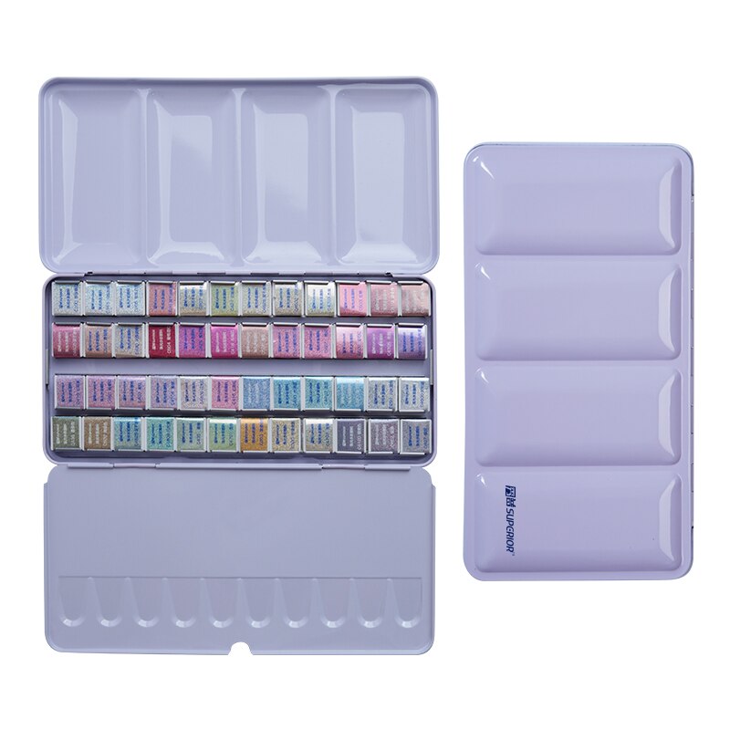 Superieure 12/24/48 Kleuren Glitter Aquarel Verf Effen Kleuren Kunstenaar Aquarel Schildert Roze Draagbare Metal Case Met Palet