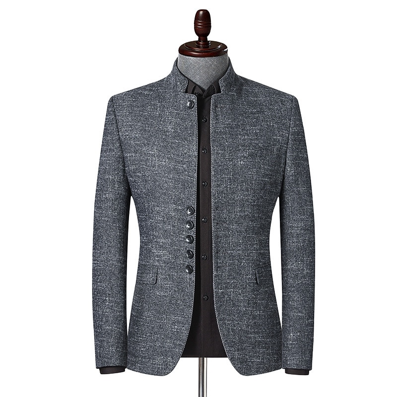 Chaqueta ajustada de estilo británico para hombre, traje informal con cuello levantado y 6 hebillas, color gris liso, para otoño,