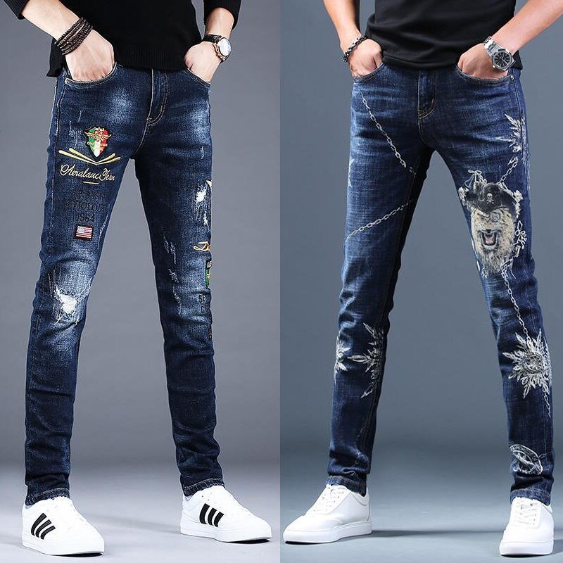 Men's printed ripped jeans stretch casual trousers autumn personality youth popular slim pants