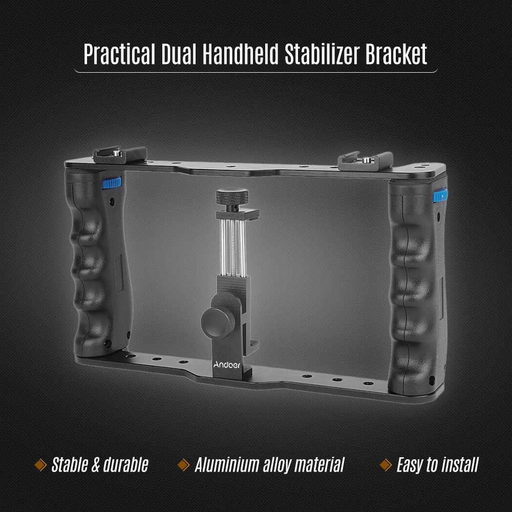 Andoer Handheld Fotografische Beugel Houder Kooi Rig DIY Telefoon Video Stabilizer met Telefoon Klem 1/4 "Schroef Mount Koud schoen