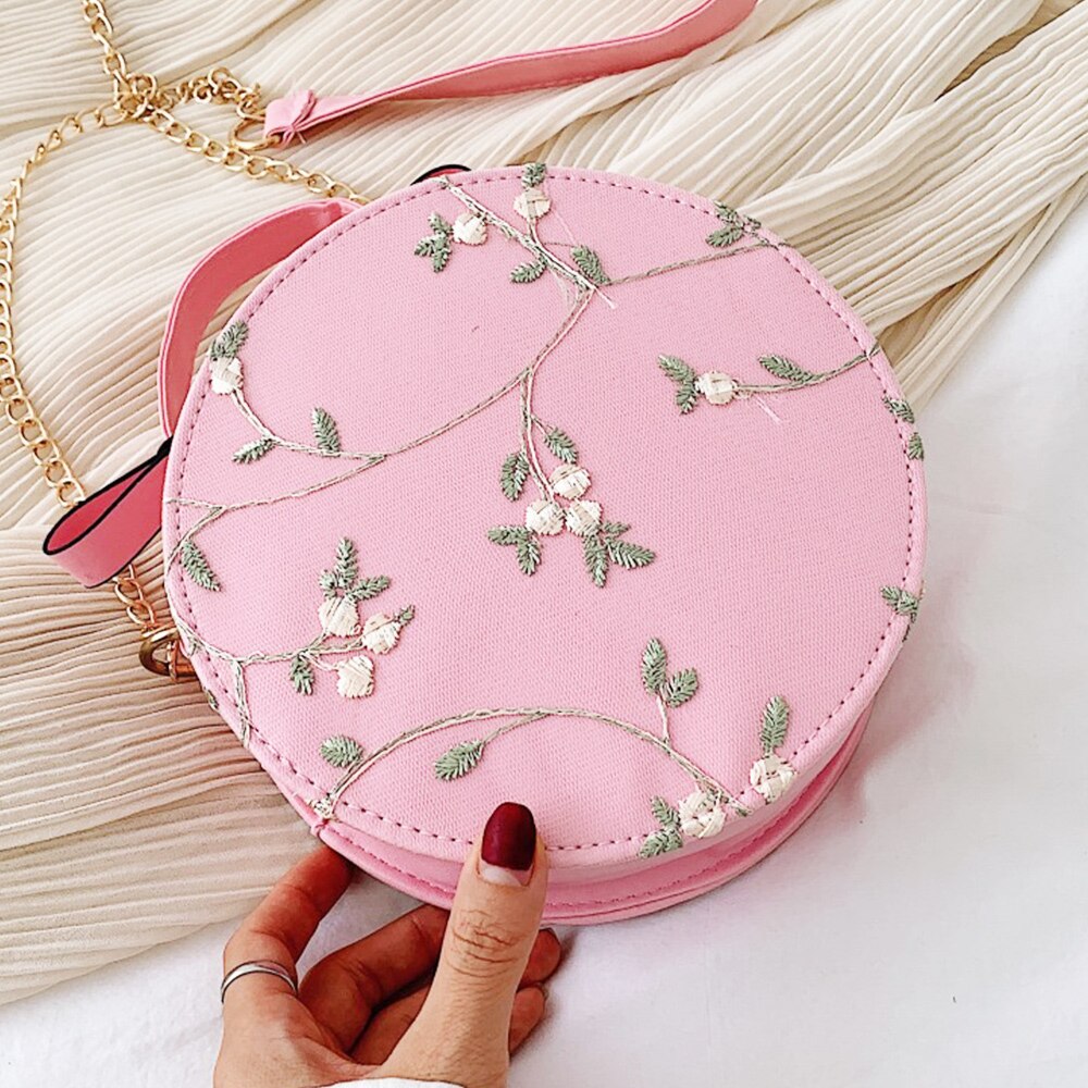 Süße Taschen Für Frauen Spitze Runde Handtaschen PU Leder Frauen Umhängetaschen Weibliche Kleine Blume Kette Schulter Tasche