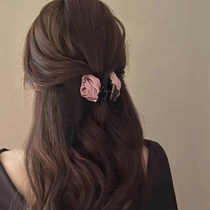 Pinzas en forma de garra para el pelo con flor de Rosa doble francesa para mujeres y niñas, accesorios para el pelo de tiburón hechos a mano de tela sólida satinada Vintage, nuevos