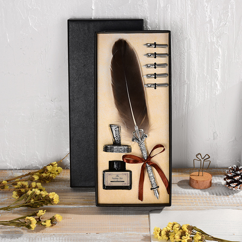 Luxury Fountain Pen Set Colorful Vintage Feather Pen Classic Calligraphy Ink Pens Dip Quill for Student Writing Pen Box set