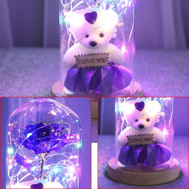 Gold Foil Rose Flower Bear in Glass Dome with LED Night Light Mothers Day Valentine's Day Wedding Party Decoration