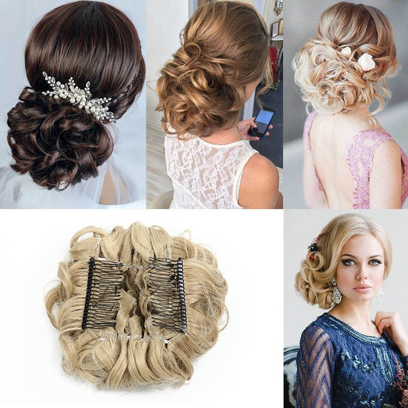 Large Comb Clip In Curly Synthetic Hair Pieces Chignon Updo Cover Extension Hair Bun Retro Style Women's Wedding Hairpiece