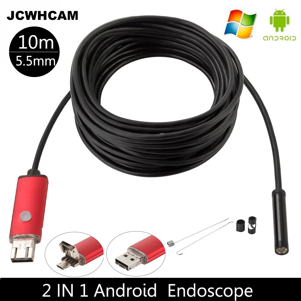 JCWHCAM Waterproof USB Endoscope 10M Cable 6LED Dia 5.5mm Borescope Inspection Wire Camera With Mini Camera Mirror Hook Magnet