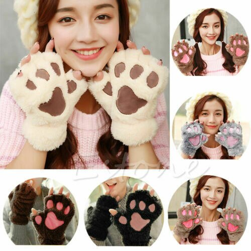 Gants pour demi-doigt Costume noir et Beige | de femmes, griffe de chat, patte de chat, peluche chaude et douce, ours moelleux court