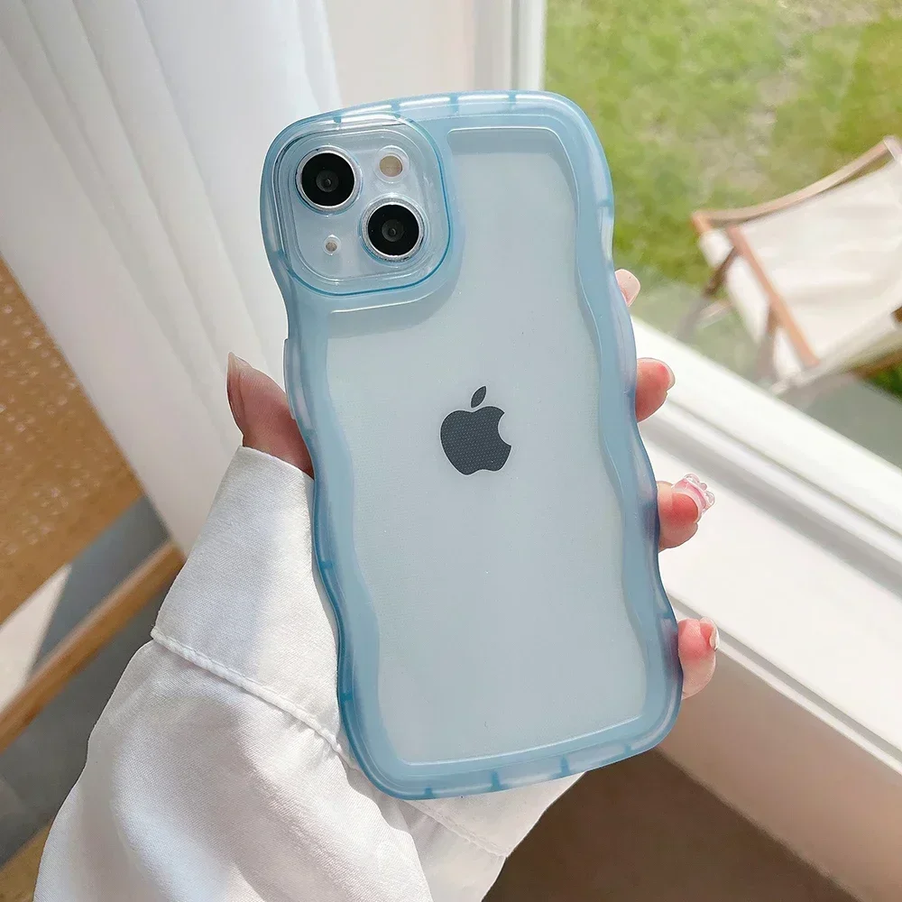 Para iPhone 16 15 14 Pro15 14 16 Pro Max 16 Plus funda bonita transparente onda rizada híbrida a prueba de golpes cubierta de parachoques Fundas suaves: Para iPhone 16 Plus / Azul