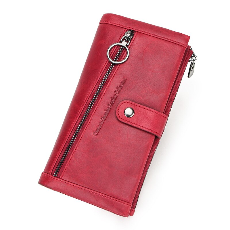 CONTACT'S 100% Genuine Leather Men Wallet Multifunction Long Purse with Coin Pocket Zipper Cartera Male Card Holder Rfid Wallets: Red