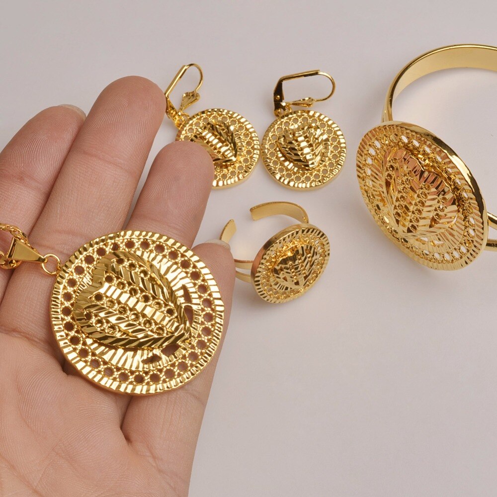 Anniyo serce Dubai biżuteria zestawy etiopskie naszyjniki kolczyki pierścień bransoletka złoty kolor, arabska afrykańska biżuteria ślubna zestawy #101706