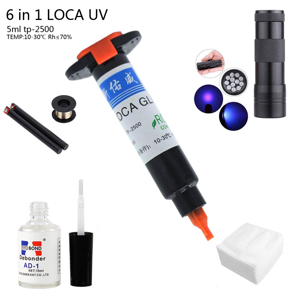 Nyeste 6 in1 loca uv lim 5ml +12 led uv curing light + uv lim remover 20g + cutting wire 50m+ tøj til lcd touch screen reparation