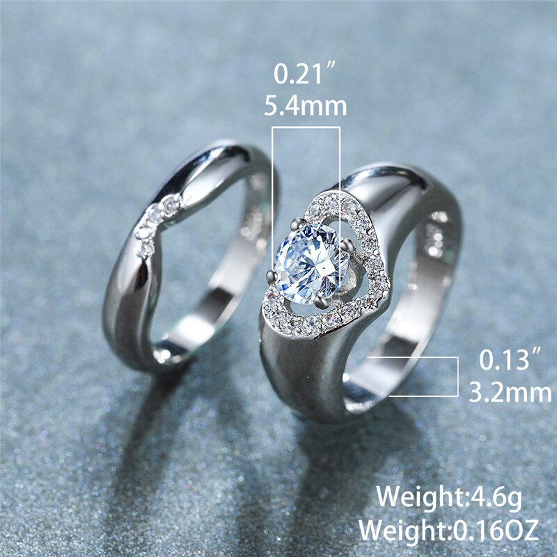 Luxus Weibliche Weiße Runde Kristall Ring einstellen zierlich Silber Farbe Hochzeit Ringe Für Frauen Versprechen Herz Hohl Engagement Ring