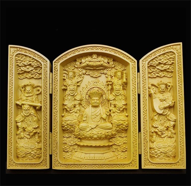 Kinesisk buddha statue skulptur rent træskærerarbejde 3 åbne folde buddha statue boligindretning tilbehør træ buddha håndværk: 5