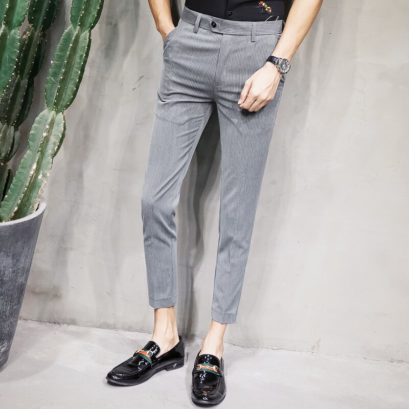 Britse herenstijl, slim fit, zwarte grijze broek, heren formele pantalon, lana streep, heren zakelijke broek, elegante: Grijs / 36