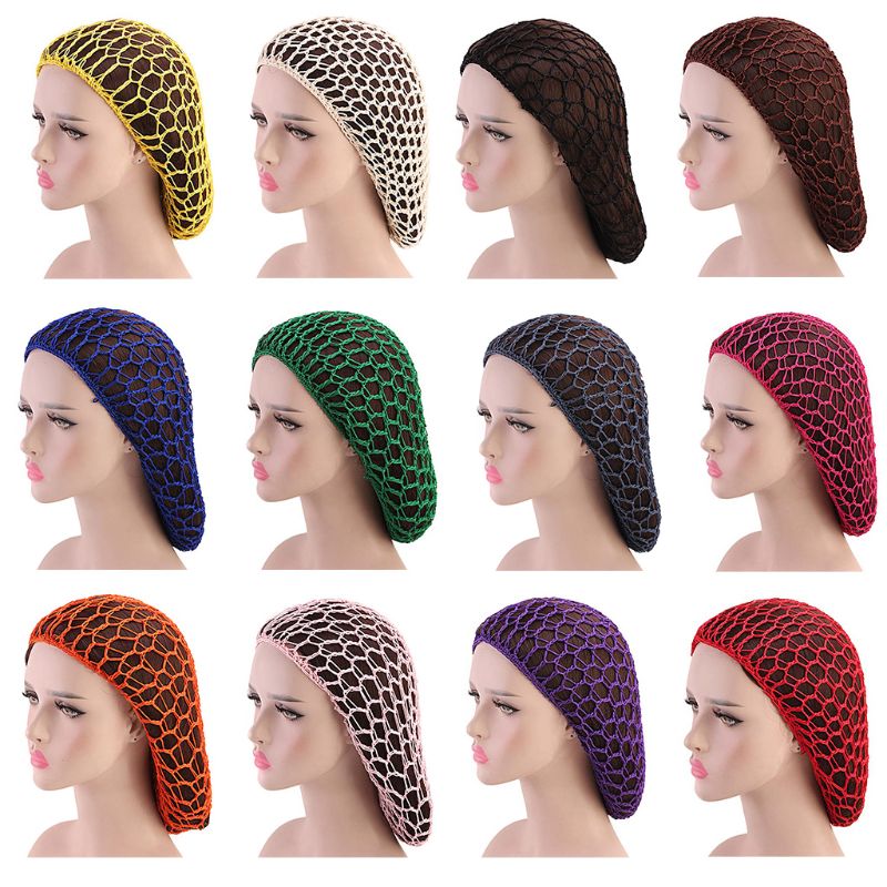 Femmes à la main au crochet filet de cheveux Snood maille Turban nuit dormir chapeau Bonnet couleur unie protection Slouchy Bonnet en tricot