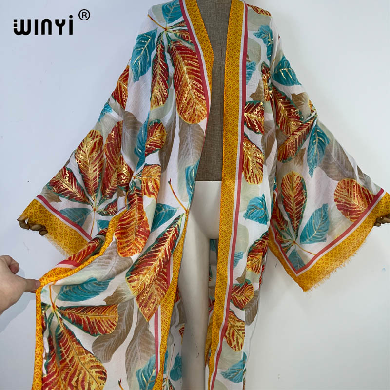 Winyi 2023 sommer-cardigan mit goldenem print aus baumwolle, locker geschnitten, langes kleid, boho-maxikleid, strandkleid, überwurf für badebekleidung