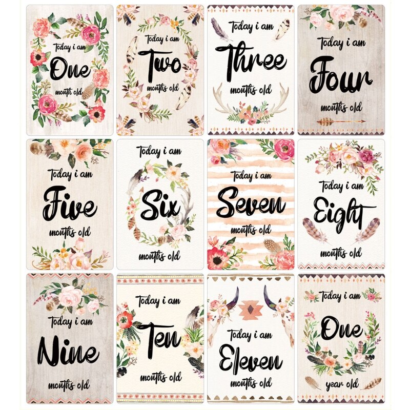 12 hojas de tarjetas de hitos mensuales para bebé, tarjetas de momento de utilería de fotos de nacimiento a 12 meses: 3