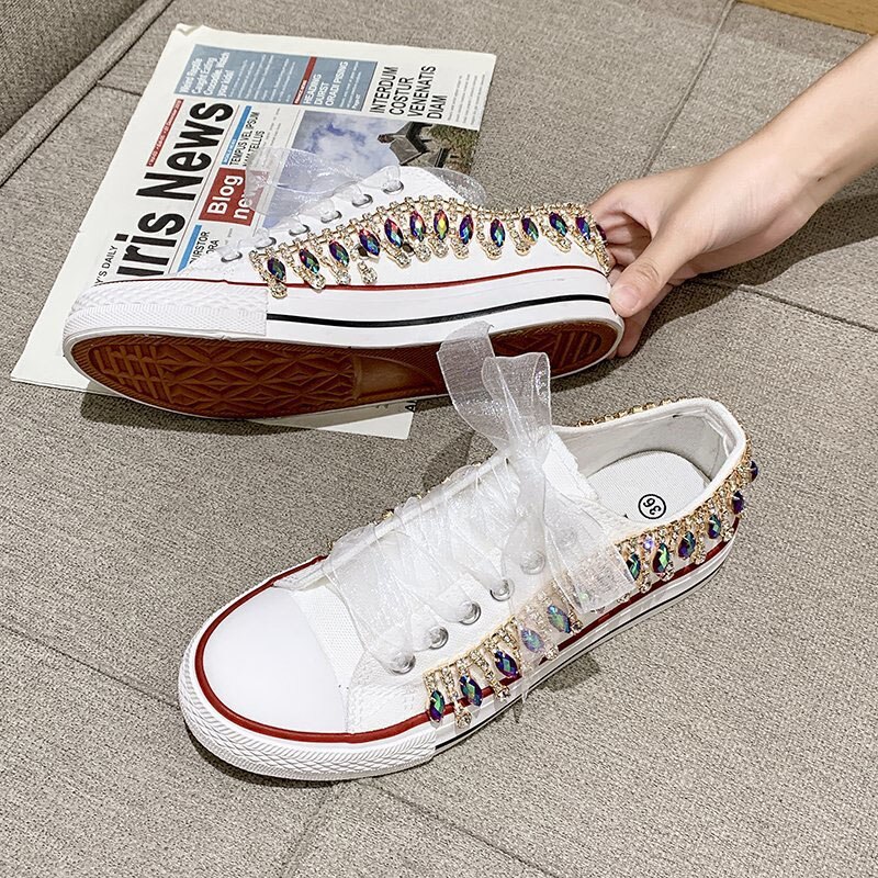 Baskets femmes perles cristal chaussures femmes toile chaussures loisirs à lacets baskets basses noir blanc basket Femme