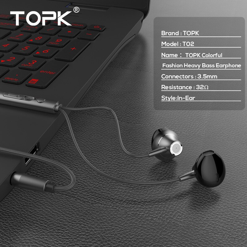 TOPK 3.5mm Heavy Bass Wired Oortelefoon In-Ear Oordopjes Met Microfoon Universal Getroost Oordopjes Volumeregeling Stereo Sport Headset