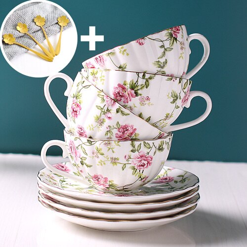 Porcelain Luxury Coffee Cup with Handle European Flowers Gold Bone China Tea Cups Set Tea Cup Set Kawaii Cup Cute Mugs Tazas 50